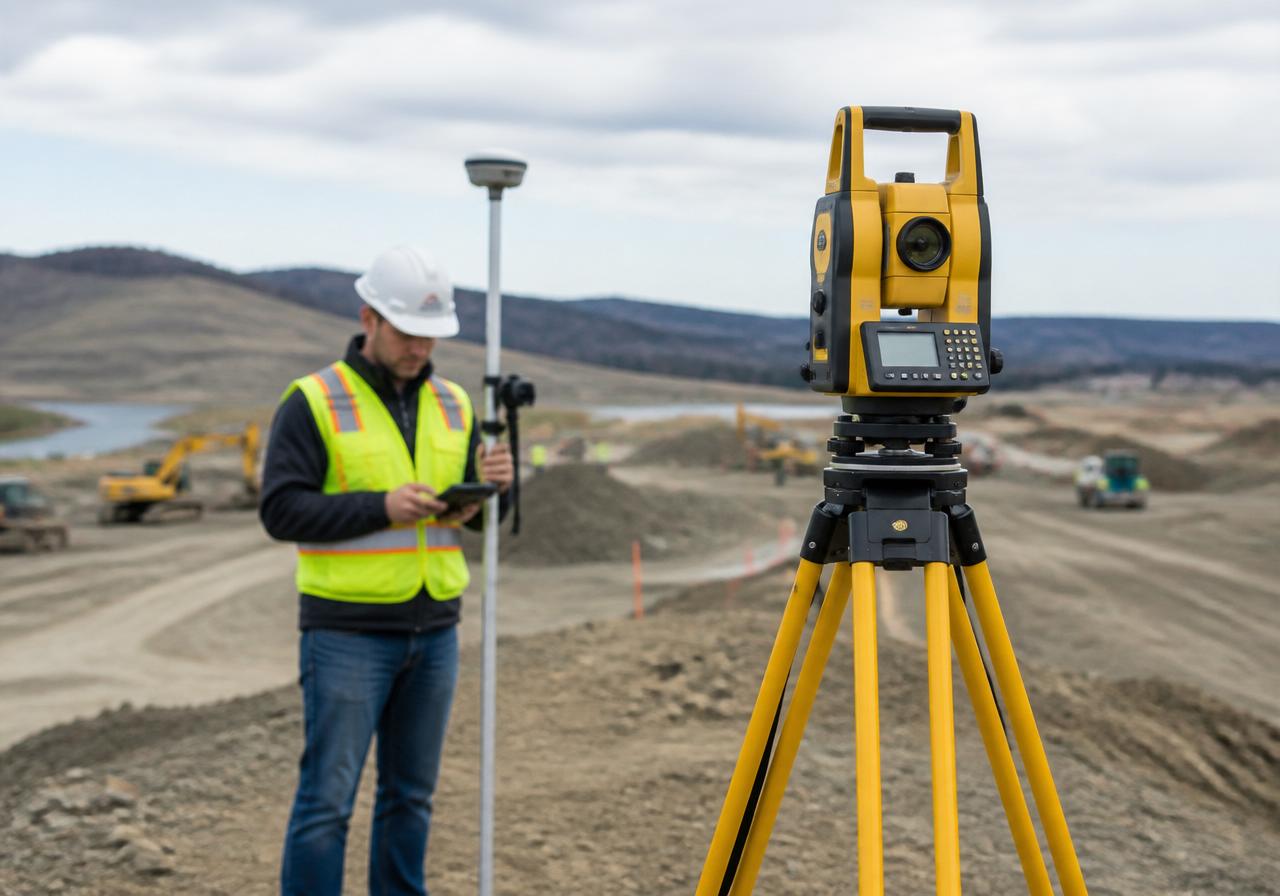 Surveyor operating a total station and GNSS survey rover on a worksite