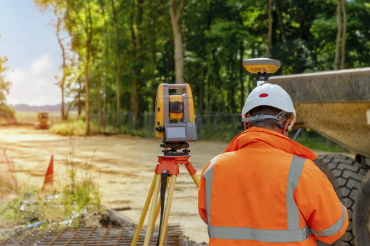 A surveyor doing work with the help of a total station and GNSS equipment.