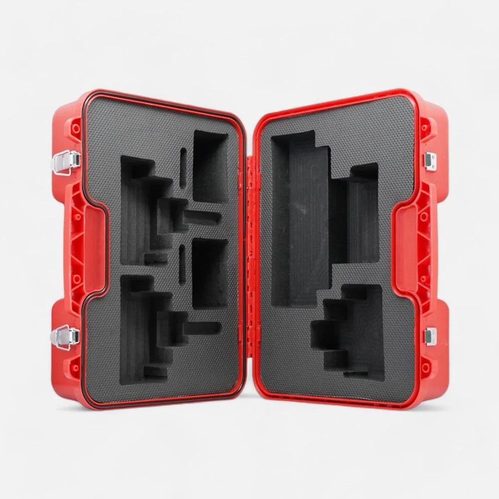 Leica style red hard case for two traverse set, inside view