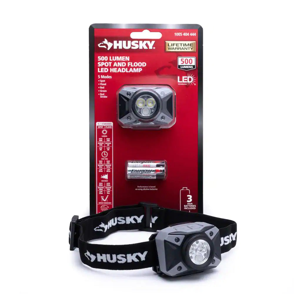 500-Lumens Dual Beam LED Headlamp 5 Modes Impact and Water Resistant with Batteries
